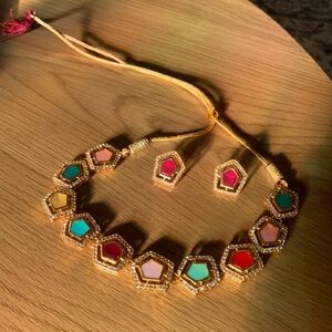 Multicolor Hexagon Pendant Necklace and Earring Set